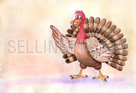 Watercolor drawing turkey Thanksgiving day postcard design template. Paintings collection.