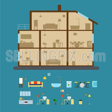 Flat House in cut, modern interior and furniture website hero image vector illustration. Real Estate concept.