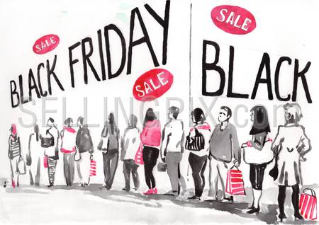 Watercolor hand drawn drawing painting illustration image Black Friday sale customers turn line outside shoppping center. Big water color collection.