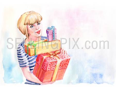 Watercolor hand drawn drawing painting illustration portrait of happy young girl with presents gift boxes. Big water color collection.