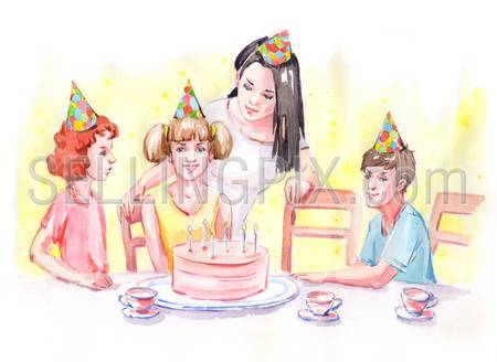 Watercolor hand drawn drawing painting illustration kid birthday. Mother birthday girl guests hat cap cones cake with candles. Big water color collection.