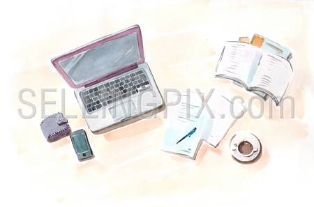 Watercolor hand drawn drawing painting illustration detailed top view on modern workplace. Laptop, phone, wallet, notebook, diary, cup of coffee. Big water color collection.