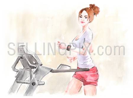 Watercolor hand drawn drawing painting illustration young pretty girl sports workout with fitness watch. Big water color collection.