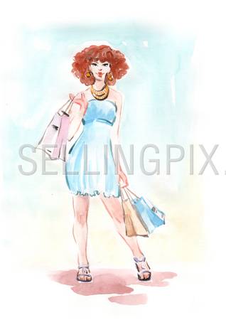 Watercolor hand drawn drawing painting illustration young pretty girl with shopping bags. Big water color collection.