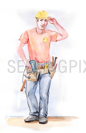 Watercolor hand drawn drawing painting illustration young man home self-emplyed construction repair worker with drill in uniform. Big water color collection.
