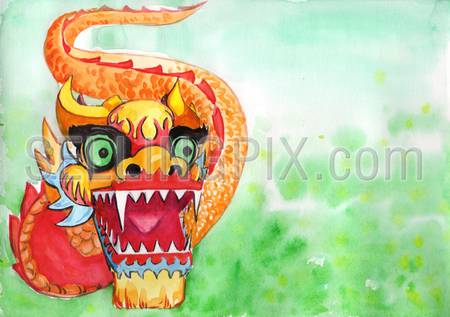 Watercolor hand drawn drawing painting illustration Chineese New Year dragon postcard design template. Big water color collection.