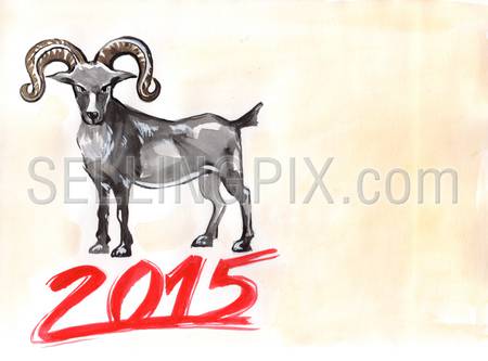 Watercolor hand drawn drawing painting illustration Chineese New Year 2015 Goat Horoscope sign. Big water color collection.