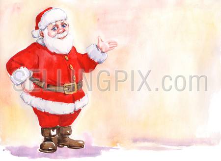 Watercolor hand drawn drawing painting illustration image Christmas New Year concept. Santa Claus pointing to empty space postcard. Big water color collection.
