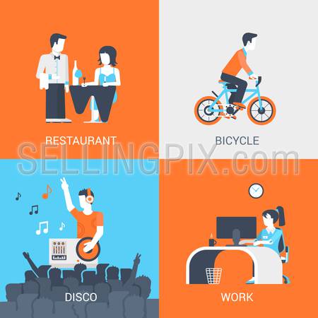 Lifestyle concept flat icons set of people leisure holidays at restaurant bicycle disco work and website click for infographics design web elements vector illustration.
