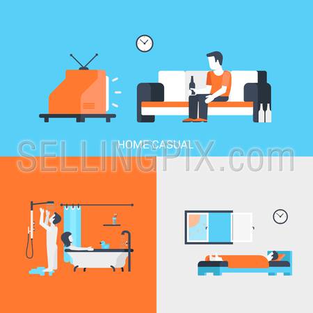 Lifestyle concept flat icons set of people leisure home casual tv beer bathroom bedroom sleep couple and website click for infographics design web elements vector illustration.