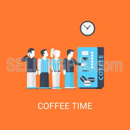 Business coffee-break concept flat icon of turn line office stuff people before coffee machine and website click for infographics design web elements vector illustration.