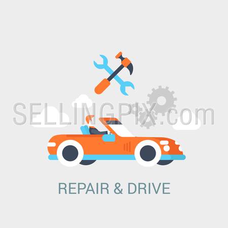 Car repair service concept flat icon of convertible cabrio sportcar driver hammer wrench gear sign and website click for infographics design web elements vector illustration.