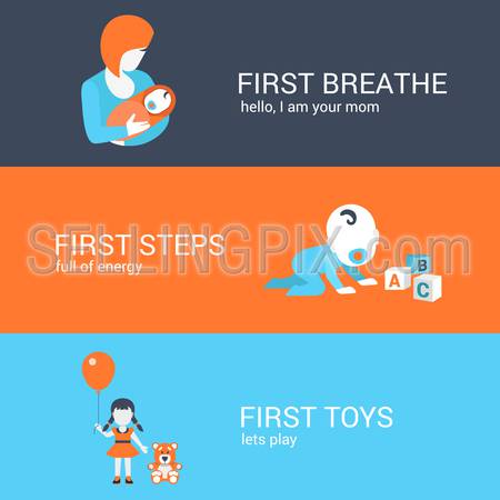 Family parenting children kids first steps concept flat icons set of mother baby boy girl toys teddy bear and website click for infographics design web elements vector illustration.