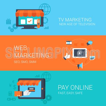 Business concept flat icons set tv web marketing online payment and website click for infographics design web elements vector illustration.