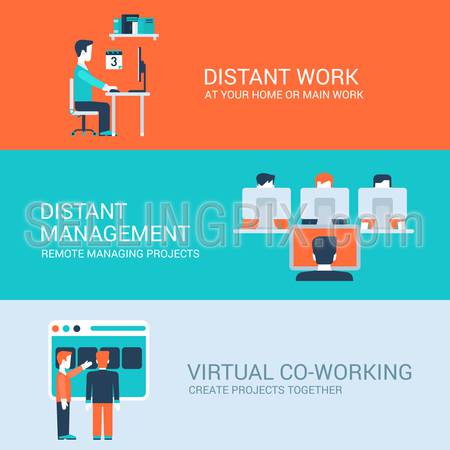 Business distant co-working remote work concept flat icons set of distance workplace table management virtual workspace and website click for infographics design web elements vector illustration.