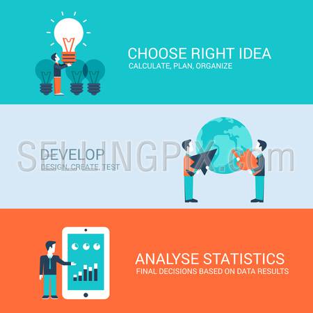 Business technology startup new business concept flat icons set of brainstorming idea development design coding test debug analyse and website click for infographics design web elements vector illustration.
