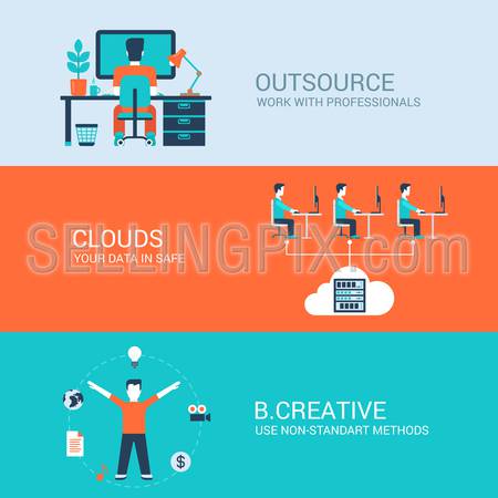 Business technology creative concept flat icons set of outsourcing cloud data storage creativity and website click for infographics design web elements vector illustration.