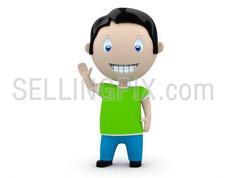 Hey! Social 3D characters: happy smiling boy waves his hand. New constantly growing collection of expressive unique multiuse people images. Concept for welcome or greeting illustration.