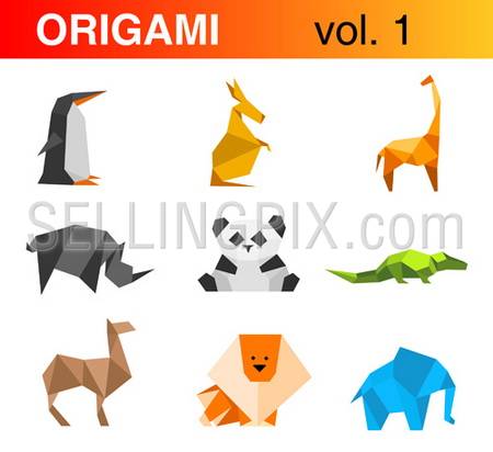 Origami animals logo template set 1: penguin, kangaroo, giraffe, rhinoceros, panda, crocodile, camel, lion, elephant
