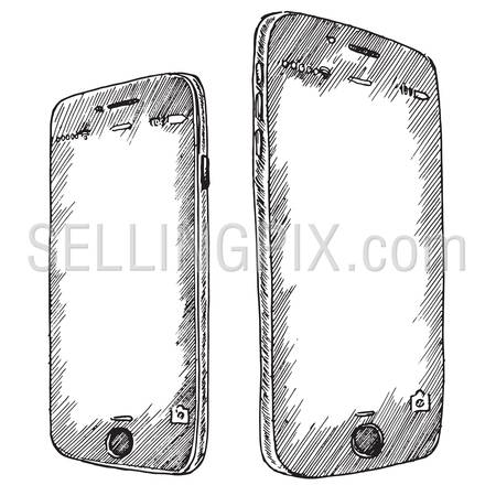 Engraving style crosshatch vector lineart illustration of Apple iPhone 6 and Apple iPhone 6 Plus new 2014 presented smartphones.