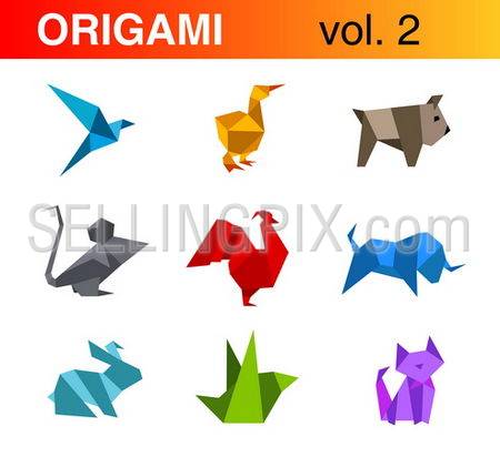 Origami animals logo templates collection 2:bird, duck, dog, mouse, rooster, bull, rabbit, cat.Vector.