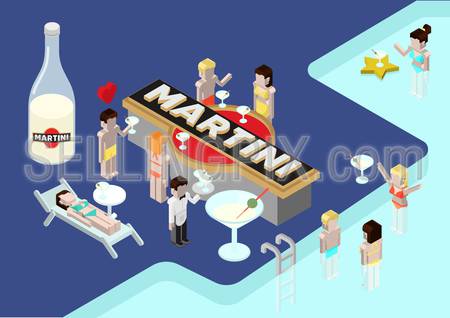 Flat style vector illustration isometric concept of brand Martini. People at the pool bar drinking Martini.