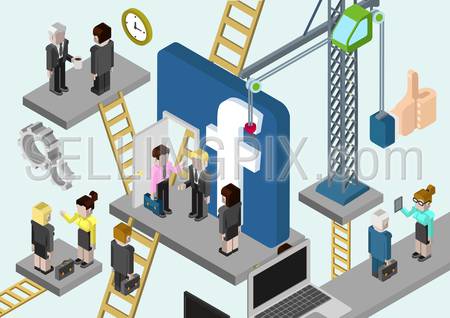 Flat style vector illustration isometric concept of brand Facebook. Building a company’s face in social media. Ladders connecting platforms with business people.