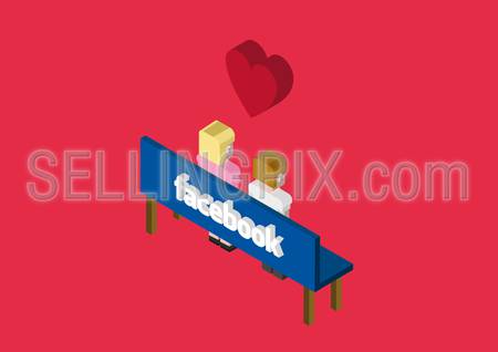 Flat style 3D isometric vector illustration concept of Facebook love on a bench. Social media dating concept.