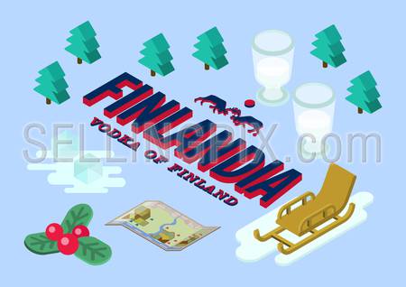 Flat style vector isometric illustration concept of Finlandia vodka in the winter snow forest. Ice glasses, cubes, sledge, exploration map and currant berries.