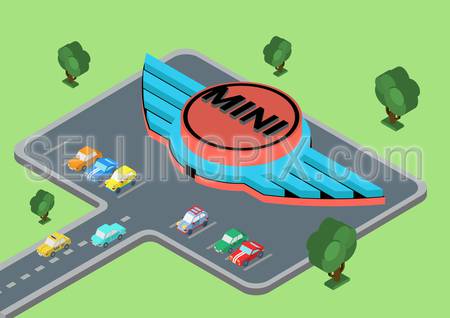 Flat style 3D isometric vector illustration concept of Mini winged logo at parking area.