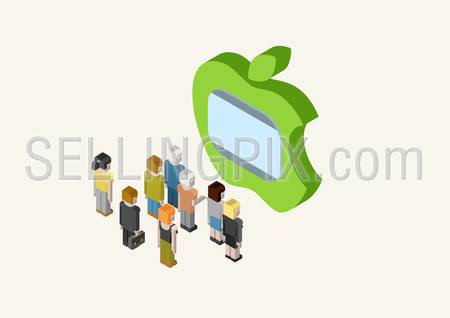 Flat style 3D isometric vector illustration concept of people looking at big Apple style TV screen.