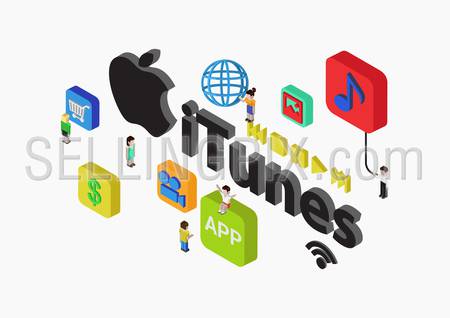 Flat style 3D isometric vector illustration concept of ITunes. People sitting on the app icons around iTunes logo.