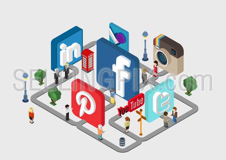 Social Media Street flat style 3D isometric vector illustration concept. People on the street between logos of social network services facebook Instagram twitter foursquare.
