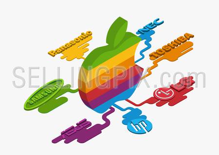 Flat style 3D isometric vector illustration concept of Apple multicolor logo leaked to the other brands: LG, HP, Toshiba, NEC, Panasonic, Sansung.