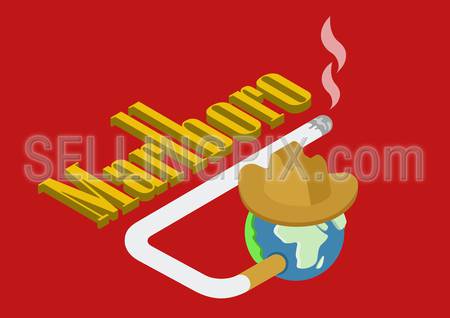 Flat style vector illustration concept of Marlboro cigarette smoking world globe wearing cowboy hat.