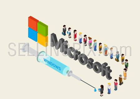 Flat style vector illustration concept of Microsoft Windows addiction. Line of people waiting for their portion of poison from the syringe with Windows word.