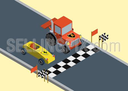 Flat style vector isometric illustration concept of competition between Ferrari and Lamborghini. Lamborghini is well known in Europe for its tractors.
