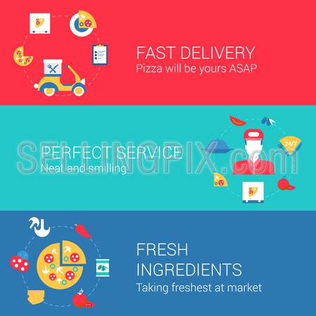 Pizza cook and delivery concept flat icons set of fast delivery perfect service fresh ingredients and vector web illustration website click infographics elements collection.