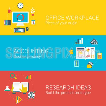 Office workplaces concept flat icons set of workplace accounting idea research and vector web illustration website click infographics elements collection.