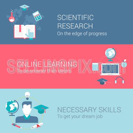 Research and development concept flat icons set of scientific research online learning necessary skills and vector web illustration website click infographics elements collection.
