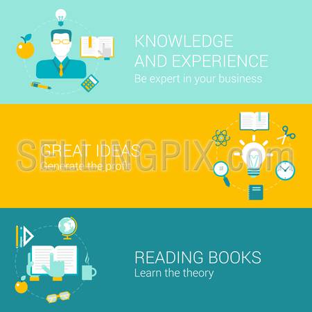 Knowledge experience education concept flat icons set of expert idea reading books and vector web illustration website click infographics elements collection.