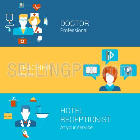 Professions people and professional tools concept flat icons set of doctor teacher hotel receptionist and vector web illustration website click infographics elements collection.