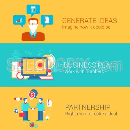 Business start up concept flat icons set of generate idea plan partnership and vector web illustration website click infographics elements collection.