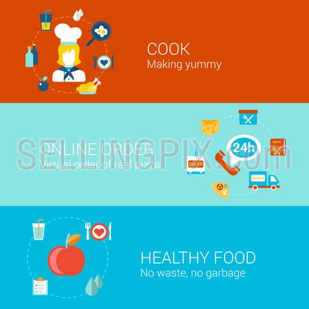 Food cooking concept flat icons set of cook professonal online order pizza healthy meal and vector web illustration website click infographics elements collection.