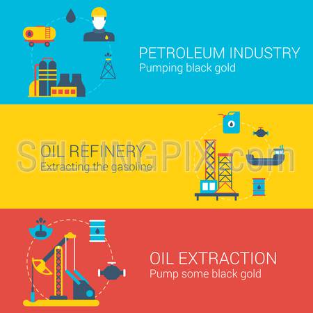 Oil power concept flat icons set of petroleum industry refinery extraction mining and vector web illustration website click infographics elements collection.