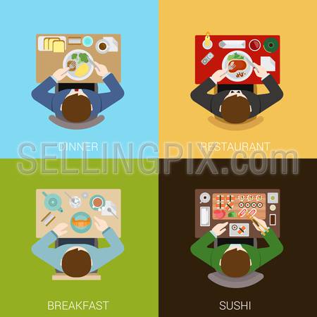 Food meal time top view concept flat icons set of dinner restaurant breakfast sushi vector web illustration website click infographics elements collection.