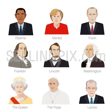 Flat style vector icon set of portraits of famous people of the world: Obama, Merkel, Putin, Franklin, Lincoln, Washington, The Queen, The Pope, Lavrov.