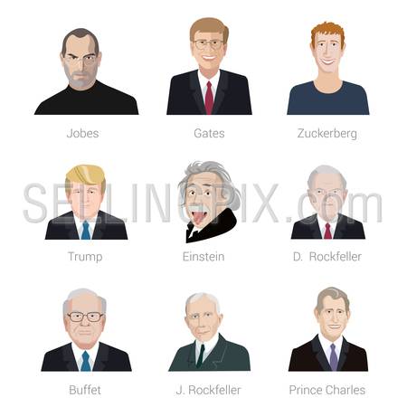 Flat style vector icon set of portraits of famous men: Steve Jobs, Bill Gates, Mark Zuckerberg, Donald Trump, Albert Einstein, David Rockefeller, John Rockefeller, Warren Buffett, Prince Charles.