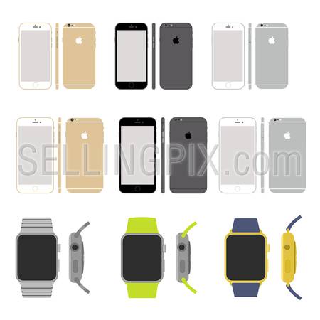 Flat style vector icon set of Apple iPhone 6, iPhone 6 Plus and Apple Watch. Design template mockups.