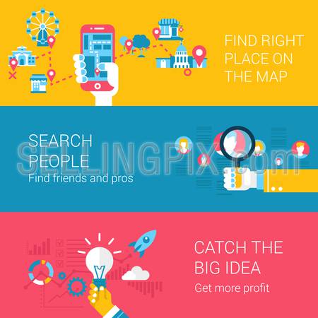Search navigation concept flat icons set of find place on the map people catch idea start up and vector web illustration website click infographics elements collection.